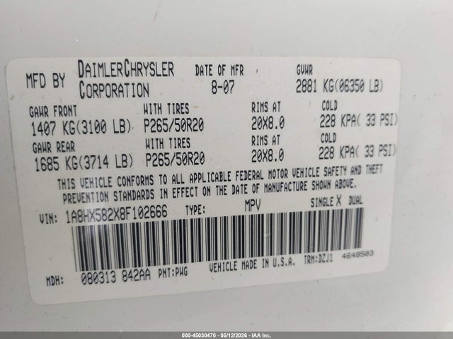 Aukcja sprzedaży 2008 Chrysler Aspen Limited, vin: 1A8HX582X8F102666, numer aukcji: 45030470