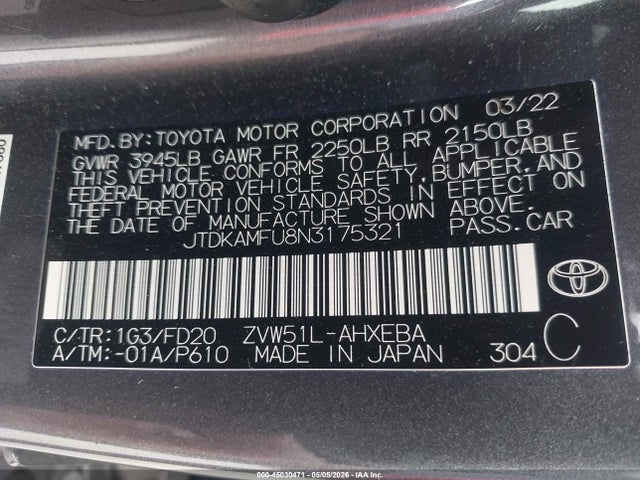 Aukcja sprzedaży 2022 Toyota Prius Le, vin: JTDKAMFU8N3175321, numer aukcji: 45030471