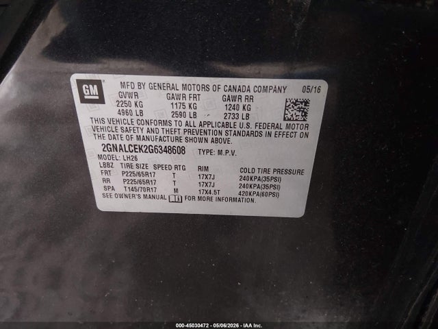 Продаж на аукціоні авто 2016 Chevrolet Equinox Lt, vin: 2GNALCEK2G6348608, номер лоту: 45030472