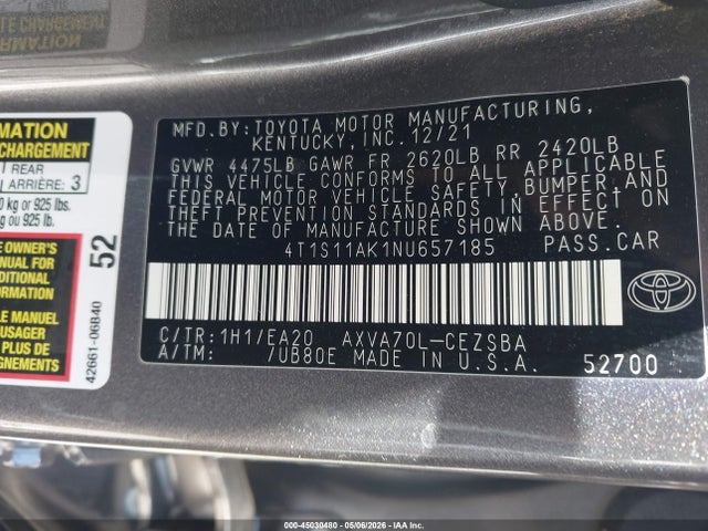 Aukcja sprzedaży 2022 Toyota Camry Se, vin: 4T1S11AK1NU657185, numer aukcji: 45030480