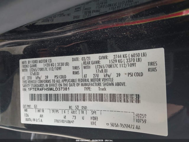 Продаж на аукціоні авто 2021 Ford Ranger Xlt, vin: 1FTER4FH5MLD37381, номер лоту: 45030487