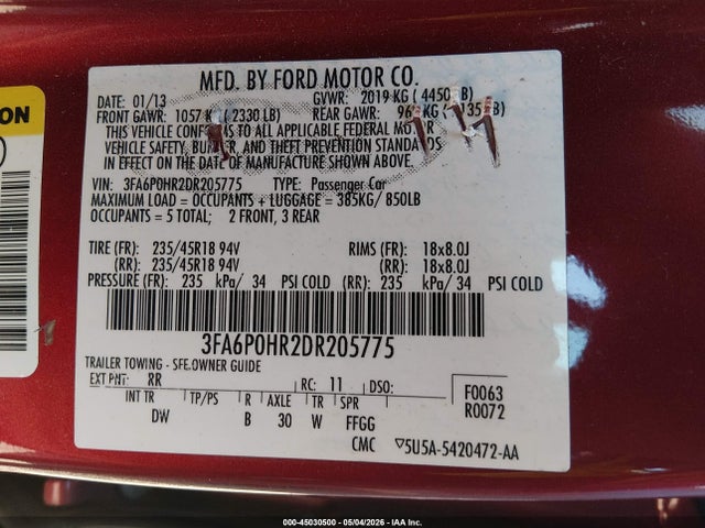 Продаж на аукціоні авто 2013 Ford Fusion Se, vin: 3FA6P0HR2DR205775, номер лоту: 45030500