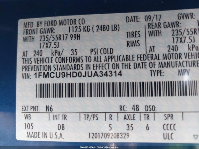 1FMCU9HD0JUA34314 Ford ESCAPE SEL