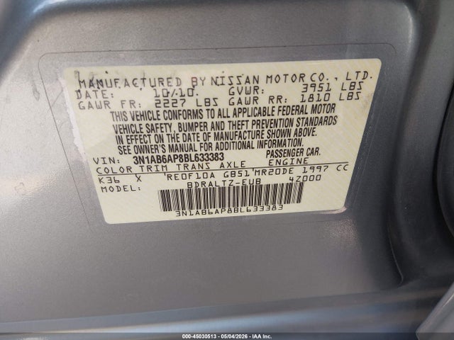 2011 Nissan Sentra 2.0s მანქანა იყიდება აუქციონზე, vin: 3N1AB6AP8BL633383, აუქციონის ნომერი: 45030513