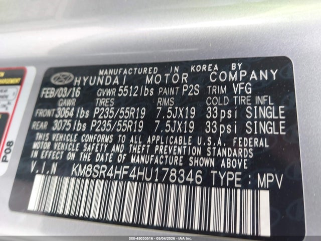 Aukcja sprzedaży 2017 Hyundai Santa Fe Se Ultimate, vin: KM8SR4HF4HU178346, numer aukcji: 45030516