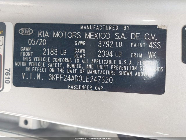 Продаж на аукціоні авто 2020 Kia Forte Lxs, vin: 3KPF24AD0LE247320, номер лоту: 45030517