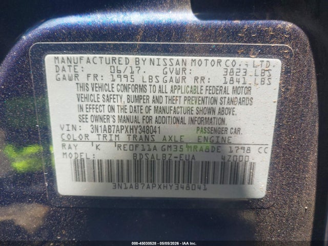 2017 Nissan Sentra S მანქანა იყიდება აუქციონზე, vin: 3N1AB7APXHY348041, აუქციონის ნომერი: 45030528