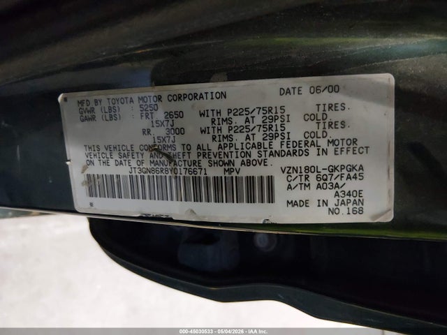 Aukcja sprzedaży 2000 Toyota 4runner Sr5 V6, vin: JT3GN86R8Y0176671, numer aukcji: 45030533