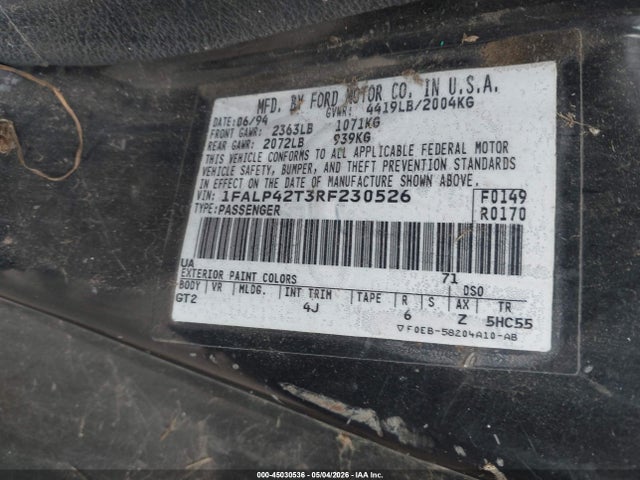 Продажа на аукционе авто 1994 Ford Mustang Gt, vin: 1FALP42T3RF230526, номер лота: 45030536