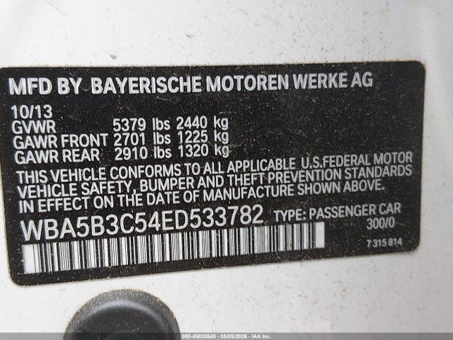 45030540 :رقم المزاد ، WBA5B3C54ED533782 vin ، 2014 Bmw 535i Xdrive مزاد بيع