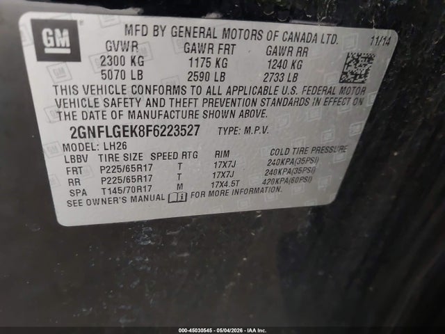 45030545 :رقم المزاد ، 2GNFLGEK8F6223527 vin ، 2015 Chevrolet Equinox 2lt مزاد بيع