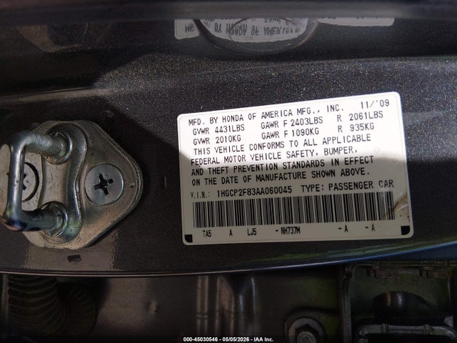 45030546 :رقم المزاد ، 1HGCP2F83AA060045 vin ، 2010 Honda Accord 2.4 Ex-l مزاد بيع