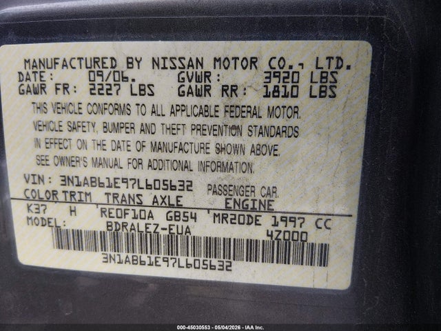 Продаж на аукціоні авто 2007 Nissan Sentra 2.0s, vin: 3N1AB61E97L605632, номер лоту: 45030553