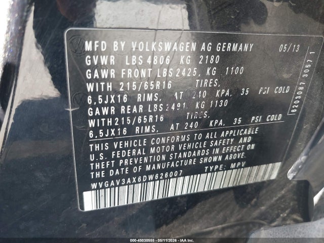 45030555 :رقم المزاد ، WVGAV3AX6DW626007 vin ، 2013 Volkswagen Tiguan S مزاد بيع