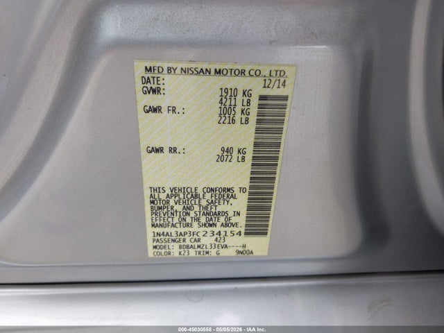 45030558 :رقم المزاد ، 1N4AL3AP3FC234154 vin ، 2015 Nissan Altima 2.5 Sv مزاد بيع