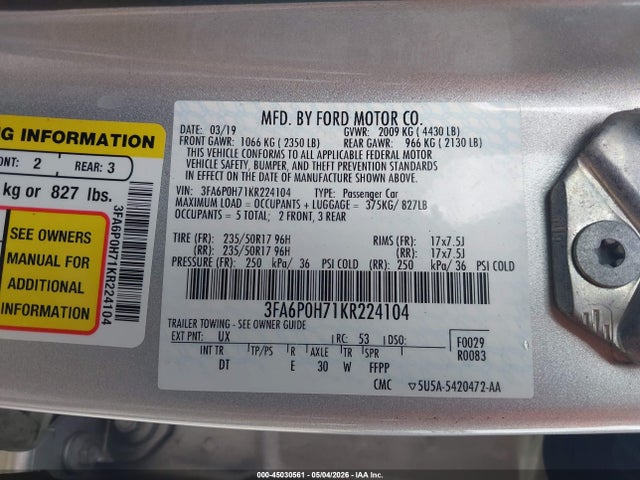 Продаж на аукціоні авто 2019 Ford Fusion Se, vin: 3FA6P0H71KR224104, номер лоту: 45030561