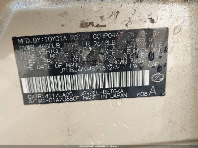 Aukcja sprzedaży 2008 Lexus Es 350, vin: JTHBJ46G482167249, numer aukcji: 45030563