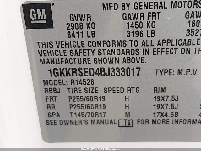 45030572 :رقم المزاد ، 1GKKRSED4BJ333017 vin ، 2011 Gmc Acadia Slt-2 مزاد بيع