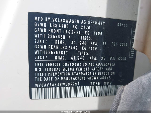 45030574 :رقم المزاد ، WVGAV7AX9BW505797 vin ، 2011 Volkswagen Tiguan Se مزاد بيع