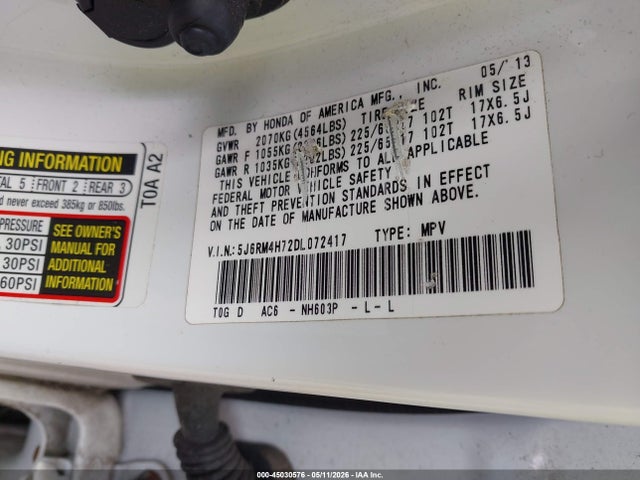 2013 Honda Cr-v Ex-l მანქანა იყიდება აუქციონზე, vin: 5J6RM4H72DL072417, აუქციონის ნომერი: 45030576