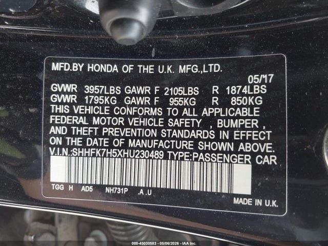 45030583 :رقم المزاد ، SHHFK7H5XHU230489 vin ، 2017 Honda Civic Ex مزاد بيع