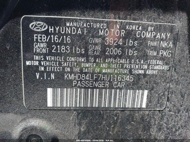 45030586 :رقم المزاد ، KMHD84LF7HU116345 vin ، 2017 Hyundai Elantra Limited مزاد بيع