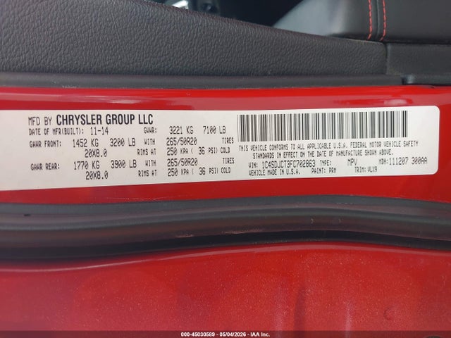2015 Dodge Durango R/t მანქანა იყიდება აუქციონზე, vin: 1C4SDJCT3FC702863, აუქციონის ნომერი: 45030589