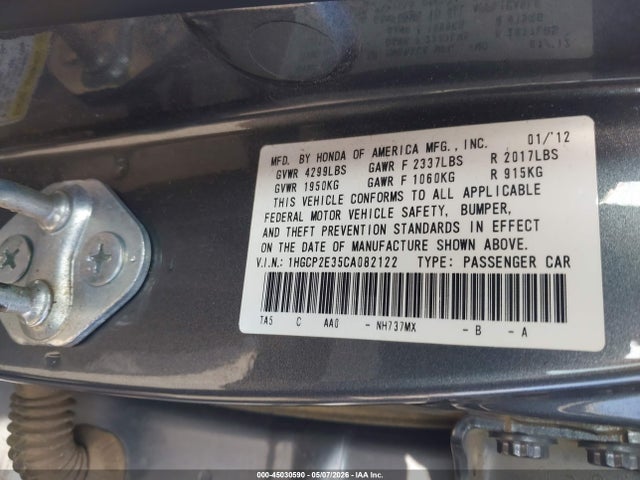 Продажа на аукционе авто 2012 Honda Accord 2.4 Lx, vin: 1HGCP2E35CA082122, номер лота: 45030590