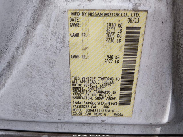 2013 Nissan Altima 2.5 S მანქანა იყიდება აუქციონზე, vin: 1N4AL3AP6DC905460, აუქციონის ნომერი: 45030597