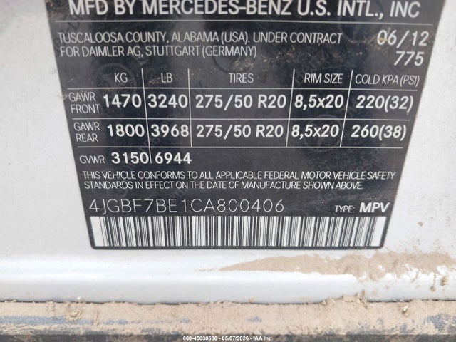 Aukcja sprzedaży 2012 Mercedes-benz Gl 450 4matic, vin: 4JGBF7BE1CA800406, numer aukcji: 45030600
