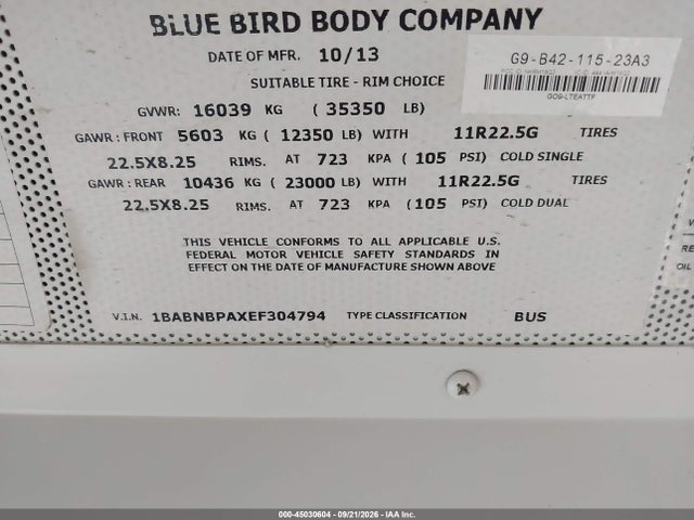 Продаж на аукціоні авто 2014 Blue Bird School Bus / Transit Bus, vin: 1BABNBPAXEF304794, номер лоту: 45030604