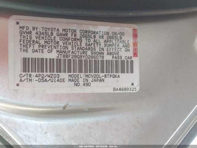Aukcja sprzedaży 2000 Lexus Es 300, vin: JT8BF28G8Y0286078, numer aukcji: 45030606