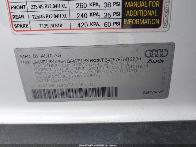 Aukcja sprzedaży 2007 Audi A3 2.0t, vin: WAUHF78P87A108718, numer aukcji: 45030608