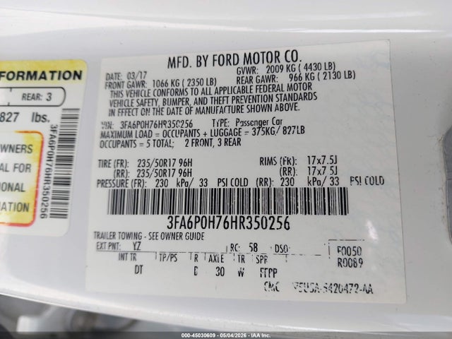 45030609 :رقم المزاد ، 3FA6P0H76HR350256 vin ، 2017 Ford Fusion Se مزاد بيع