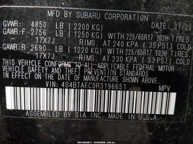 2024 Subaru Outback Premium მანქანა იყიდება აუქციონზე, vin: 4S4BTAFC0R3196651, აუქციონის ნომერი: 45030611