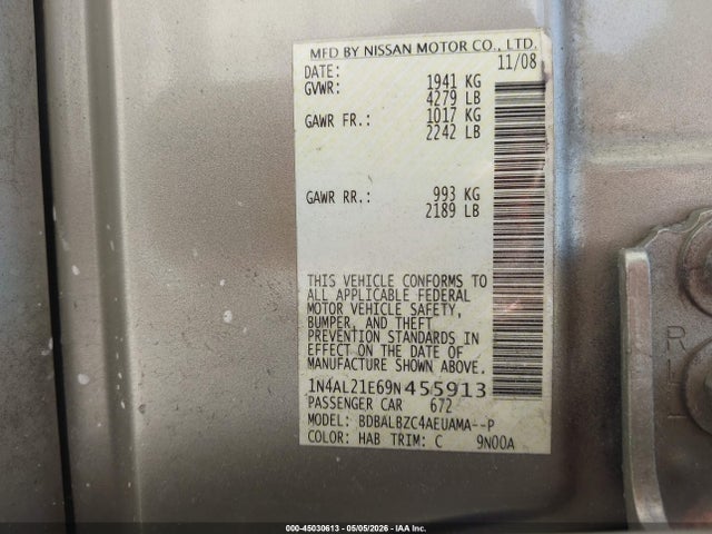 2009 Nissan Altima 2.5 S მანქანა იყიდება აუქციონზე, vin: 1N4AL21E69N455913, აუქციონის ნომერი: 45030613