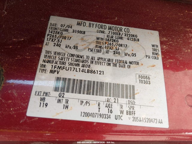 Продаж на аукціоні авто 2004 Ford Expedition Eddie Bauer, vin: 1FMFU17L14LB86121, номер лоту: 45030620