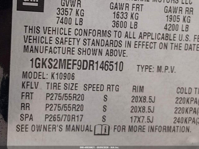 45030621 :رقم المزاد ، 1GKS2MEF9DR146510 vin ، 2013 Gmc Yukon Xl 1500 Denali مزاد بيع