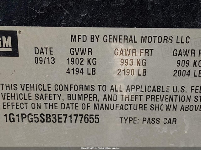 45030631 :رقم المزاد ، 1G1PG5SB3E7177655 vin ، 2014 Chevrolet Cruze Ltz مزاد بيع