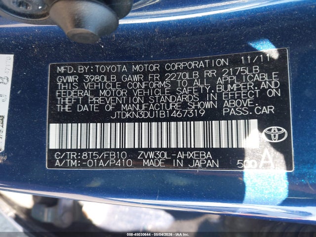 Продаж на аукціоні авто 2011 Toyota Prius Two, vin: JTDKN3DU1B1467319, номер лоту: 45030644