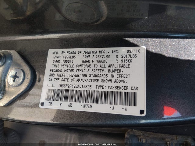 Aukcja sprzedaży 2011 Honda Accord 2.4 Lx-p, vin: 1HGCP2F49BA015805, numer aukcji: 45030651