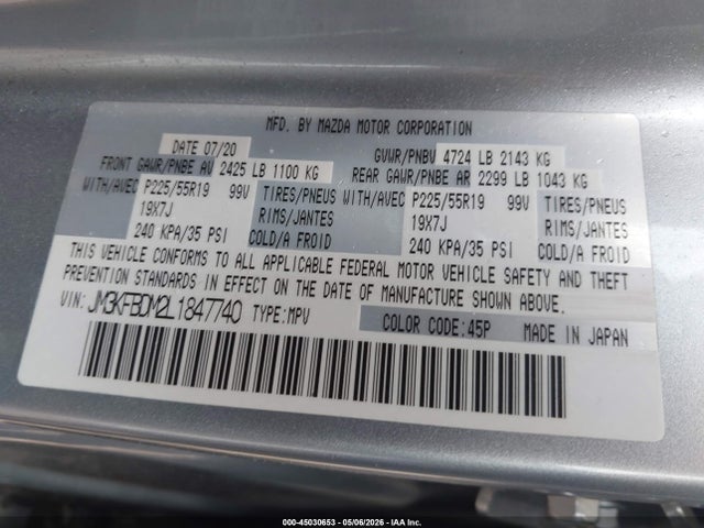 2020 Mazda Cx-5 Grand Touring მანქანა იყიდება აუქციონზე, vin: JM3KFBDM2L1847740, აუქციონის ნომერი: 45030653