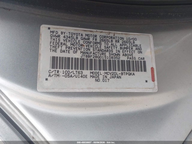 45030657 :رقم المزاد ، JT8BF28G015108352 vin ، 2001 Lexus Es 300 مزاد بيع