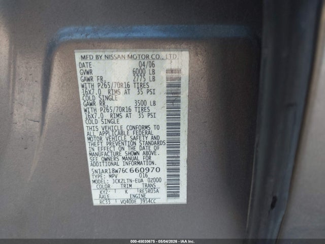 Продаж на аукціоні авто 2006 Nissan Pathfinder Se, vin: 5N1AR18W76C660970, номер лоту: 45030675