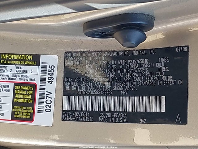 45030682 :رقم المزاد ، 5TDZK23C58S192737 vin ، 2008 Toyota Sienna Le مزاد بيع