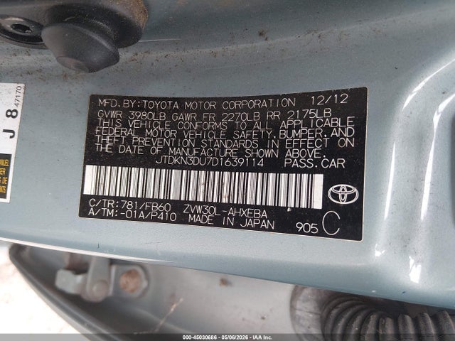 45030686 :رقم المزاد ، JTDKN3DU7D1639114 vin ، 2013 Toyota Prius Three مزاد بيع