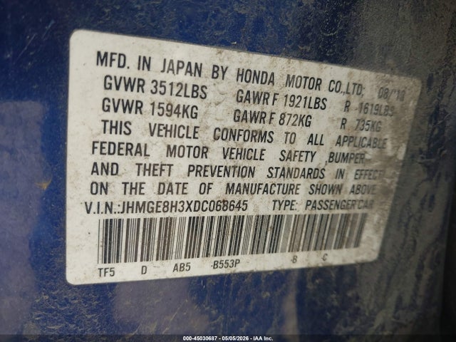 2013 Honda Fit მანქანა იყიდება აუქციონზე, vin: JHMGE8H3XDC068645, აუქციონის ნომერი: 45030687