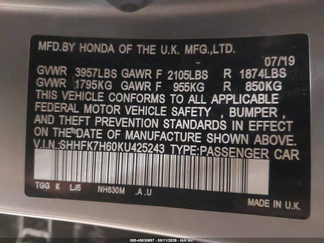 45030697 :رقم المزاد ، SHHFK7H60KU425243 vin ، 2019 Honda Civic Ex مزاد بيع