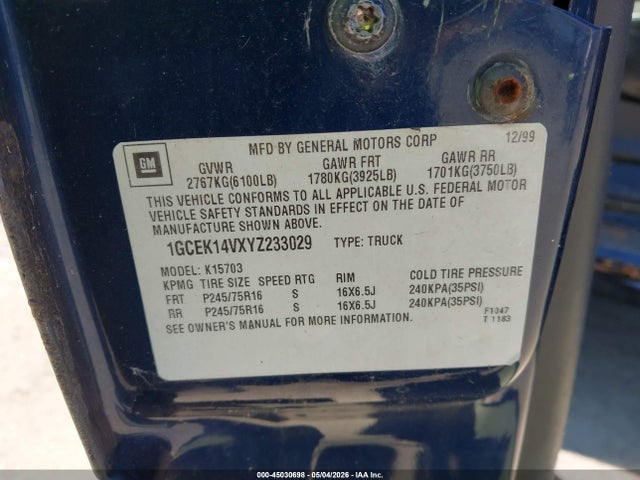 2000 Chevrolet Silverado 1500 მანქანა იყიდება აუქციონზე, vin: 1GCEK14VXYZ233029, აუქციონის ნომერი: 45030698
