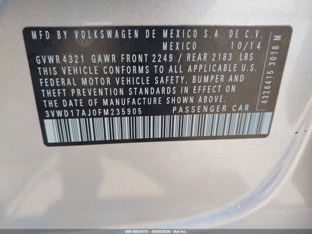 Auction sale of the 2015 Volkswagen Jetta 1.8t Se, vin: 3VWD17AJ0FM235905, lot number: 45030701